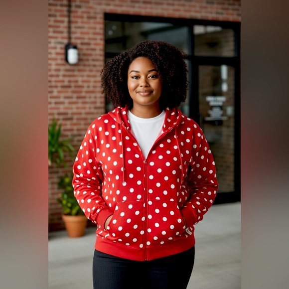💜🌼NWT Disney Red and White Polka Dot Women's Hoodie - Picture 1 of 13